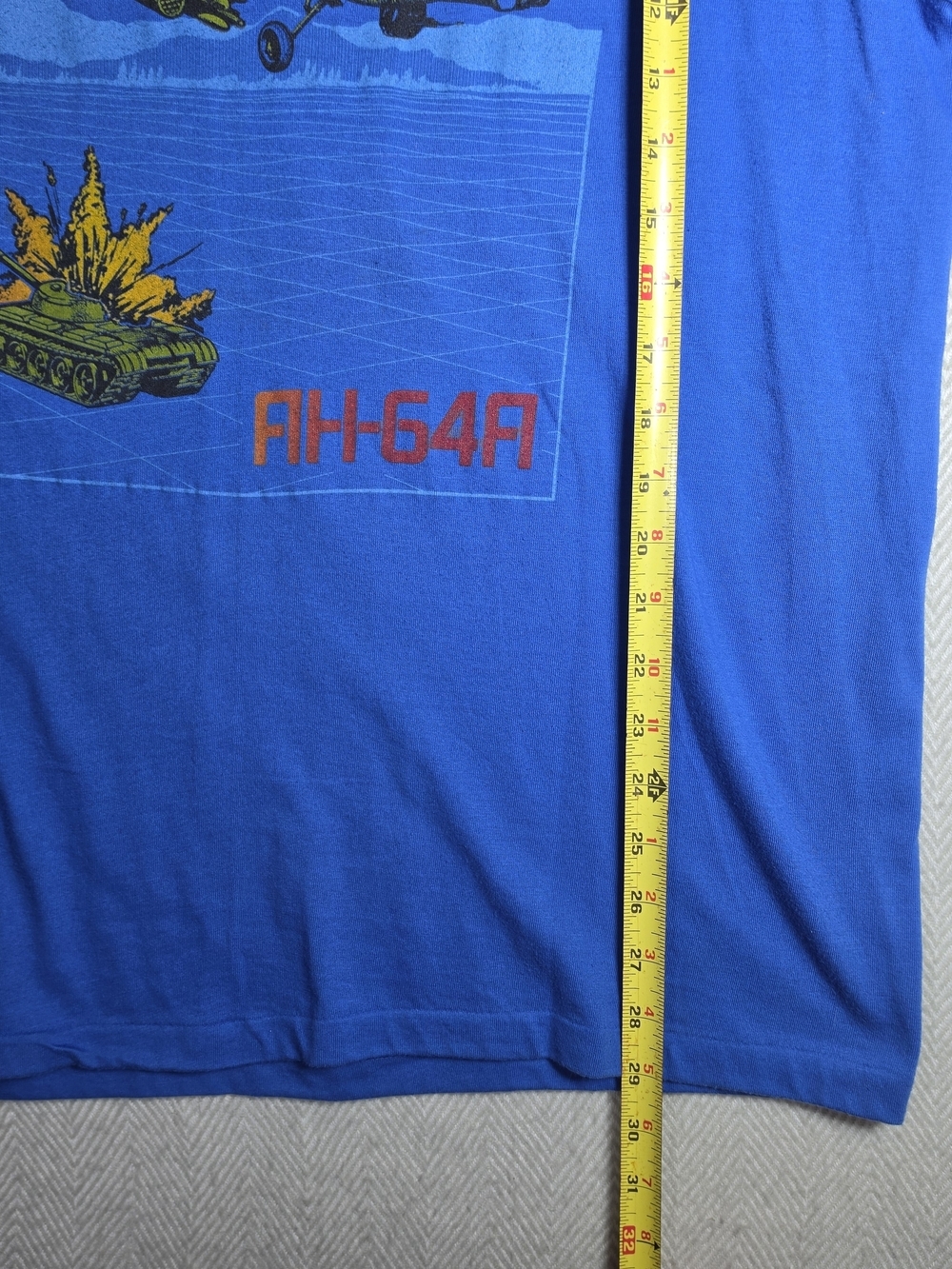Vintage 80s Apache AH 64A Helicopter Hanes Blue Tee Single Stitch Green Yellow - Picture 4 of 9